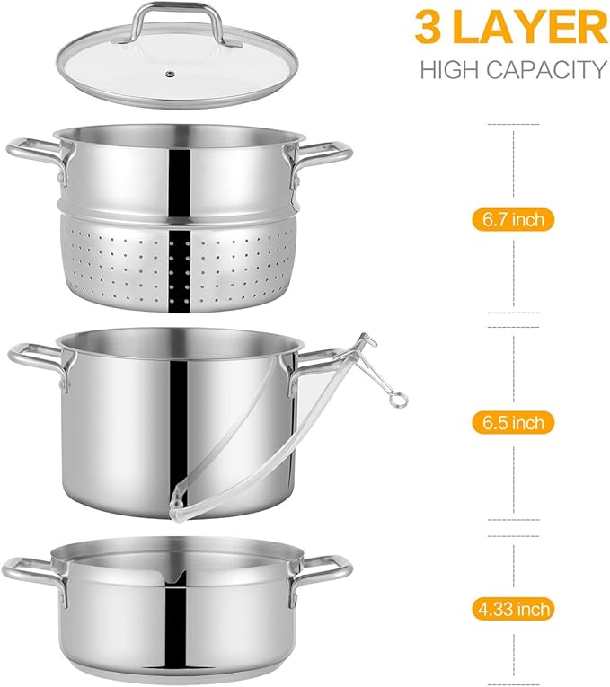 Tri-Ply Stainless Steel Sauce Pan with Steamer Basket & Straining Glass Lid — Heavy-Duty,Thick Base,Rust-Resistant,Warp-Free —100% Food-Grade —Built to Last– Works with All Stovetops, Pasta Pot