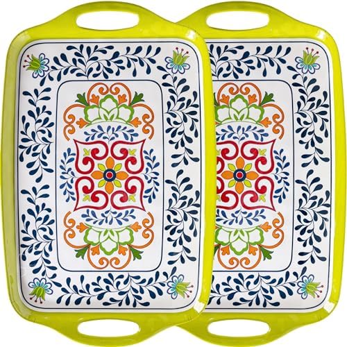 Large Serving Platter with Handles,19”x12”Large Rectangular Melamine Serving Tray Set of 2, Kitchen Food and BBQ Serving Platter, Talavera Grilling Prep and Serve Tray, Dishwasher Safe
