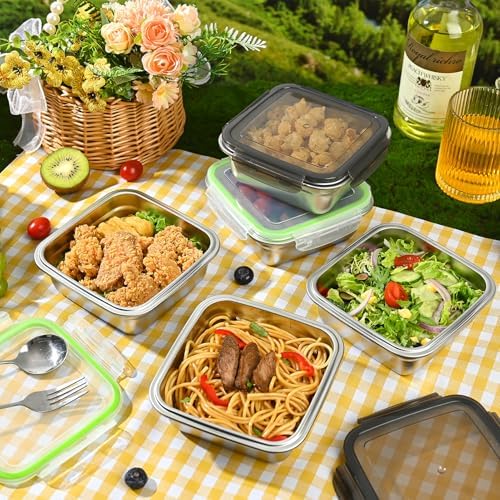 3 Pack Sandwich Containers, 24oz Stainless Steel Sandwich Box with Airtight Lids, Reusable Metal Meal Prep Lunch Boxes, BPA-Free, Dishwasher Safe, Food Storage Containers for Families (Green)