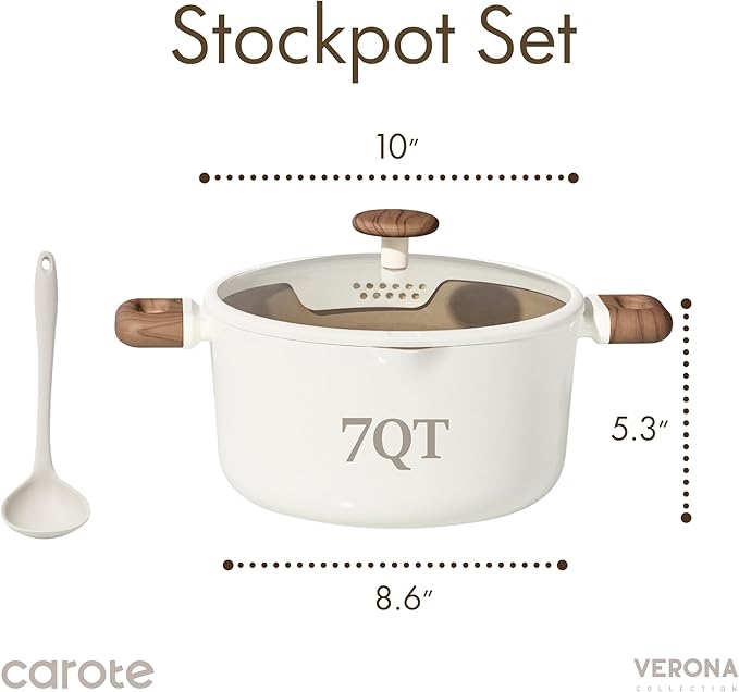 CAROTE Stock Pot with Lid, 7Quart Ceramic Soup Pot Non Toxic, Nonstick Cooking Pot for Pasta, Induction Ready, Even Heating, Dishwasher Safe, White