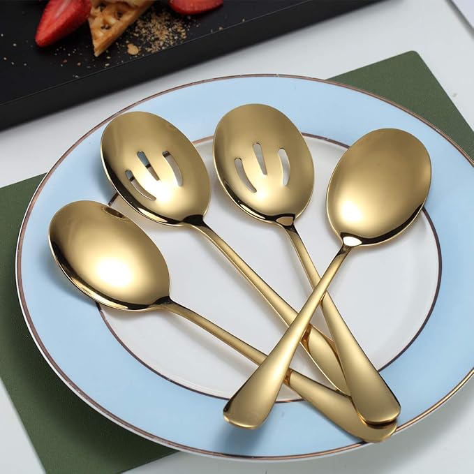 Gold Serving Spoons 4 Pieces, Kyraton Titanium Plating Serving Spoon, Include 2 Serving Spoon And 2 Slotted Spoons, Stainless Steel Serving Utensils, Serving Set Packing of 4