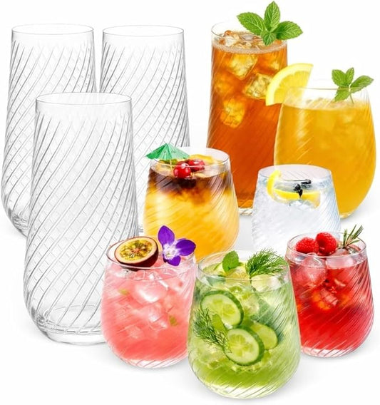 48 Pack Origami Ripple Plastic Glasses 24 9 Ounce Stemless Champagne Flutes & 24 12 Ounce Cups, BPA-Free Disposable Shatterproof Toasting Glasses for Weddings, Bars, and Events (48, Twiselle Clear)