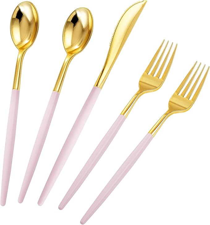Rubtlamp 90Pcs Gold Plastic Silverware, Fancy Easter Utensils Set With Pink Handles Include 30 Gold Knives, 60Plastic Forks and Spoons, Pink Silverware Heavy Duty For Mother's Day
