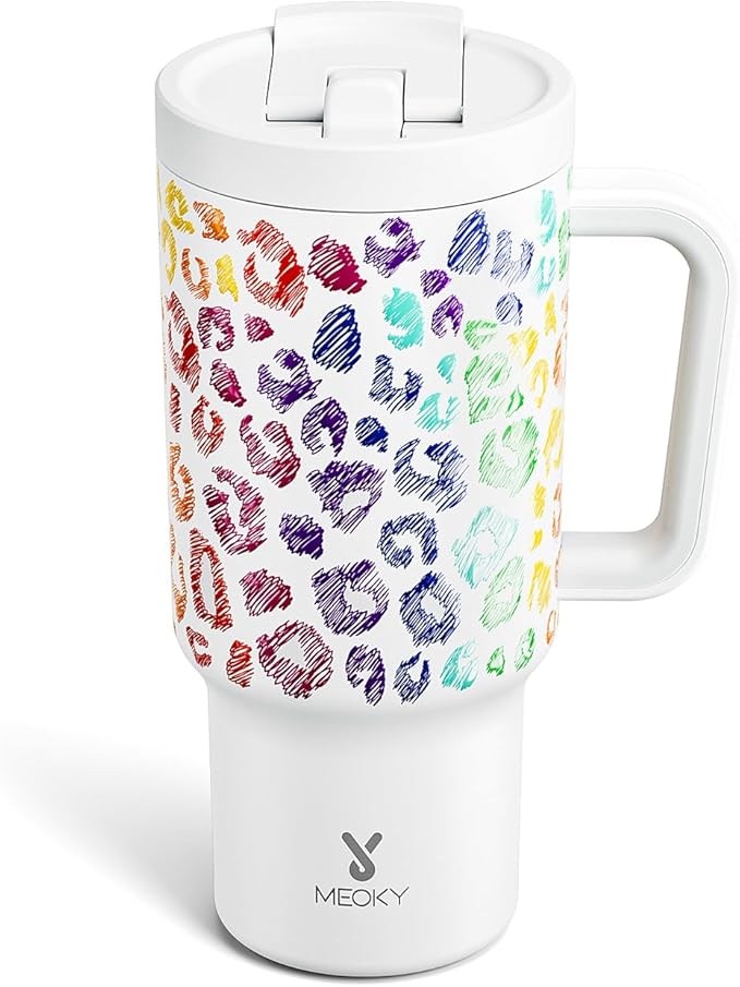 Meoky 32 oz Tumbler with Handle and Flip Straw, 100% Leakproof Tumbler with Lid and Straw, Stainless Steel Insulated Cup, Cupholder Friendly, Keeps Cold for 24 Hours (Kiss)