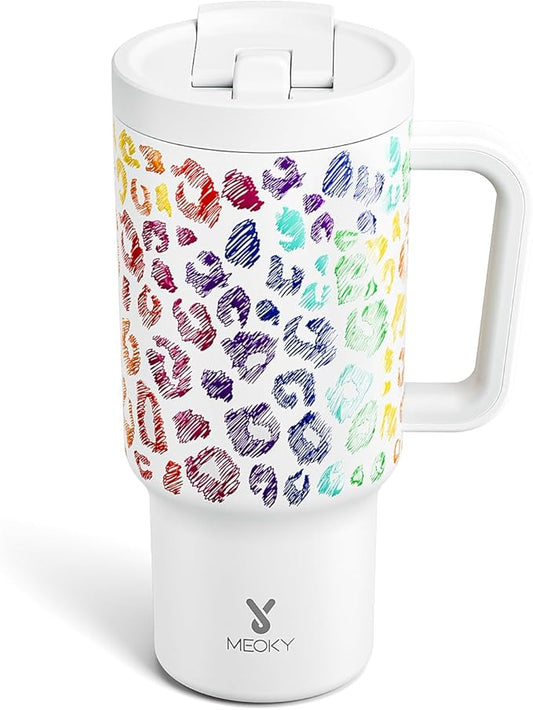 Meoky 32 oz Tumbler with Handle and Flip Straw, 100% Leakproof Tumbler with Lid and Straw, Stainless Steel Insulated Cup, Cupholder Friendly, Keeps Cold for 24 Hours (Kiss)