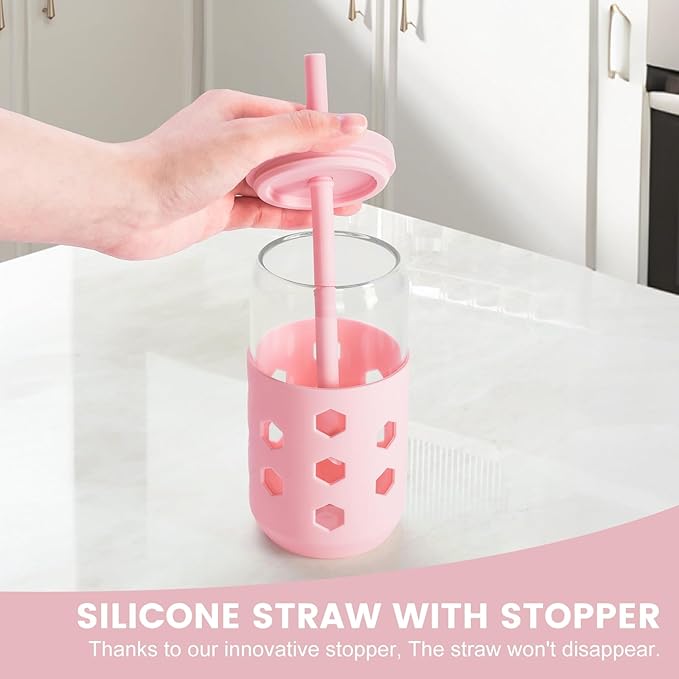 Glass Cups with Lids and Straws (4 Pcs), 16oz Drinking Glasses Set with Silicone Sleeves for Coffee Bar Accessories Iced Coffee Cups with Lids, Glass Tumbler Reusable for Gifts