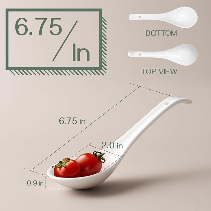 DOWAN Soup Spoons Set of 6, Ceramic Chinese Soup Spoon, Asian Soup Spoons, White Japanese Spoon Large for Ramen Pho Wonton Dumpling Miso, Deep Oval Hook Design(Soft White)