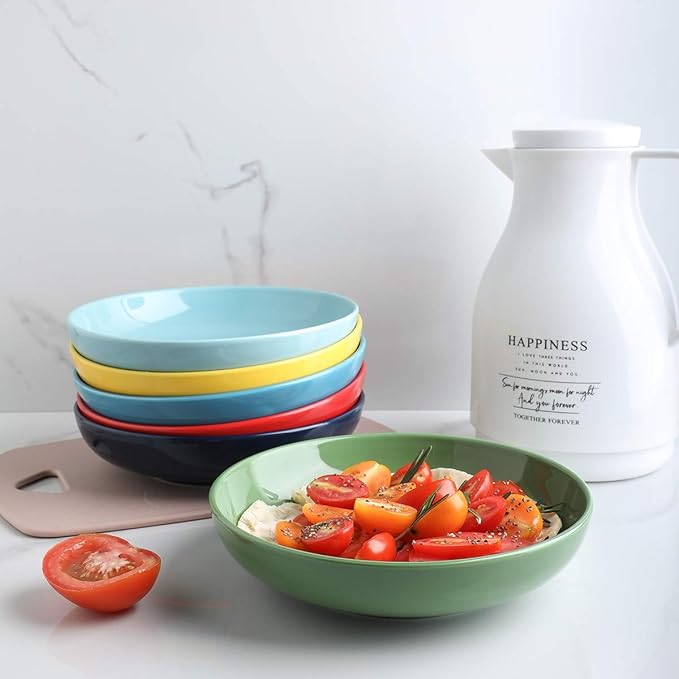 Selamica Ceramic 7.8 inch pasta bowls, 26 Ounce large serving porcelain salad soup bowls, dishwasher microwave safe, set of 6(Multi-color)