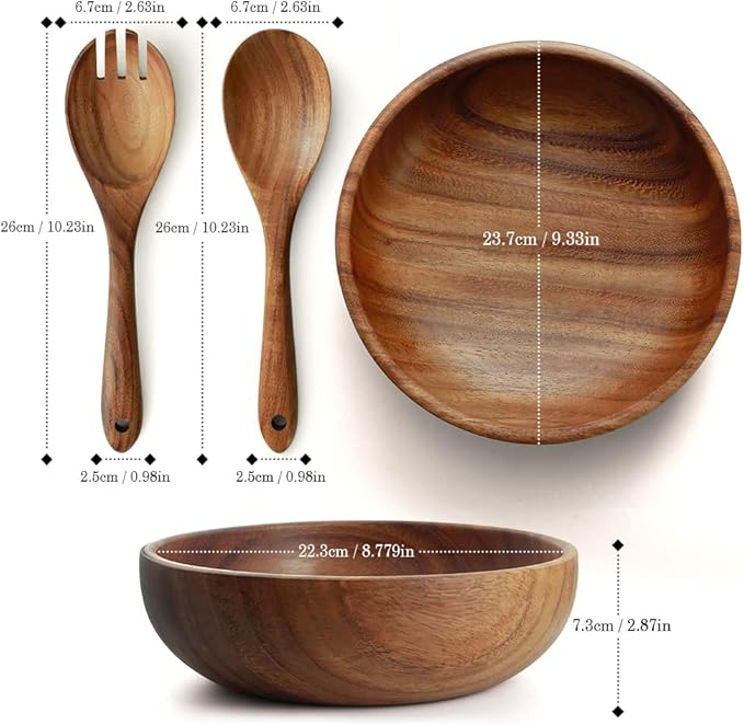 AOOSY Large Wooden Salad Bowl, Acacia Wood Salad Bowl with Salad Tongs, 9" x 2.8" Round Fruit Serving Bowl Set for Mixing Fruits Cereal Pasta,Set of 3
