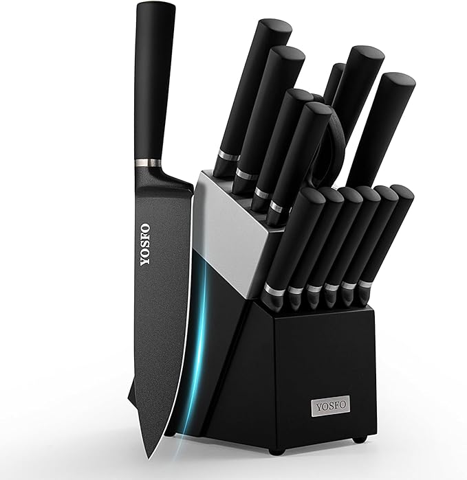 Knife Set with Block and Sharpener,15 Pcs Kitchen Knife Sets with Block,High Carbon Stainless Steel Japanese Knife Set,Matte Blade