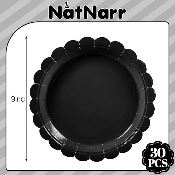 30 Pcs Black Paper Plates, 9 Inch Scalloped Disposable Black Plates Cute Dessert Dinner Plate for Wedding, Birthday, Picnic