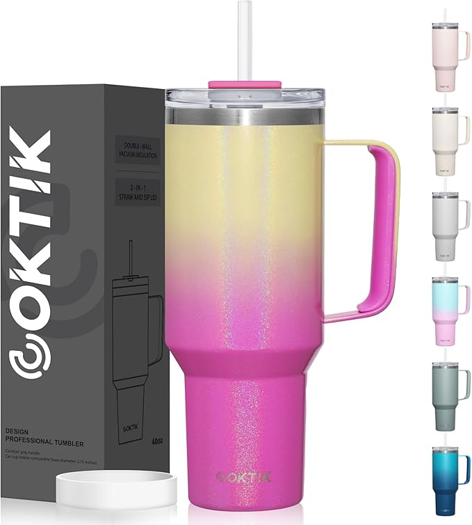 COKTIK 40 oz Tumbler With Handle and Straw, Insulated Tumbler With Leakproof Lids, Stainless Steel|BPA-Free, Cold for 24 H (Glitter Rainbow)