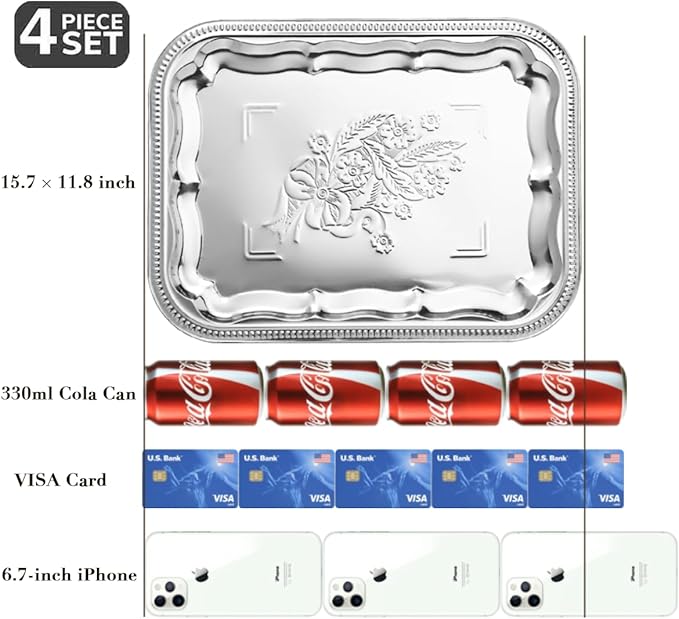 4-Pack 15.7" x 11.8" Silver Serving Trays for Party Set - Floral Engraved Serving Platters, Wedding Birthday Mirror Tray for Easter, Food, Appetizer, Charcuterie, Cookies, Desserts