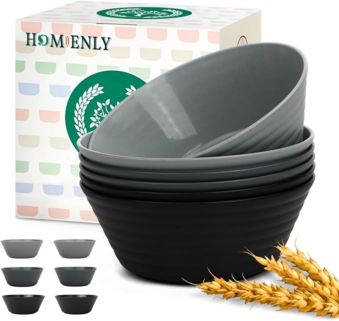 Homienly Wheat Straw Bowls 50 OZ, Reusable Unbreakable Large Cereal Bowls Soup Bowl Set, 6 PCS Microwave Safe Bowl for Kitchen, Camping, Family Dinner, Ramen, Popcorn - Black Grey