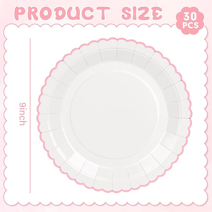 30 Pcs Pink and White Paper Plates, 9 Inch White Party Plates, Pink Scalloped Dinner Paper Plates Wedding Plates Party Supplies for Baby Girl Shower, Wedding, Mother's Day, Birthday, Easter Party