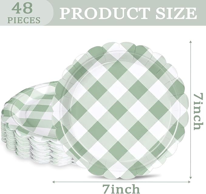 48 Pcs 7" Green Gingham Paper Plates Light Green & White Scalloped Checkered Party Plates, Pastel Plaid Dessert Table Supplies for BBQ Gathering Picnic Baby Shower Birthday Dinner Party Tableware