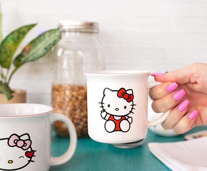 Toynk Sanrio Hello Kitty Ceramic Camper Mugs, Set of 2 | BPA-Free Travel Coffee Cup For Espresso, Caffeine, Cocoa, Drink Beverages | Home & Kitchen Essentials | Kawaii Cute Gifts and Collectibles