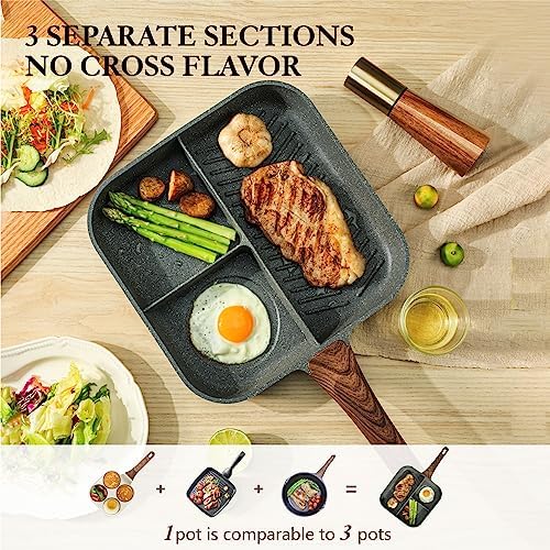 Sensarte Nonstick 11-Inch Square Grill Pan, 3-Section Versatile Breakfast Skillet, Die-cast Aluminum, PFOA, PFOS, APEO Free, Induction, Gas, Electric, Glass, Ceramic