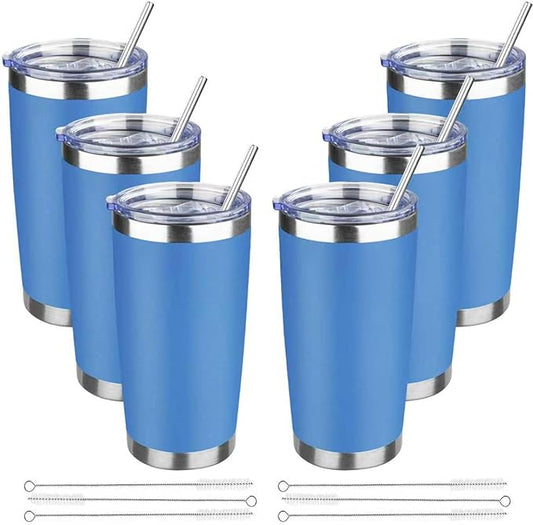 20 oz Tumbler with Lids and Straws, Stainless Steel Insulated Travel Coffee Mug, Double Wall Vacuum Insulated Tumblers, Powder Coated Coffee Tumbler for Cold & Hot Drinks (Sea Blue, 6 Pack)