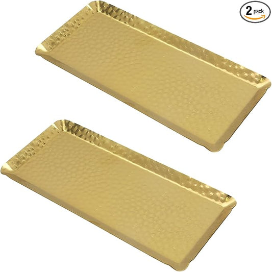 Antrader Hammered Rectangular Platter Serving Tray,Stainless Steel Decorative Storage Tray,Gold (10-Inch by 4-Inch),2Pcs