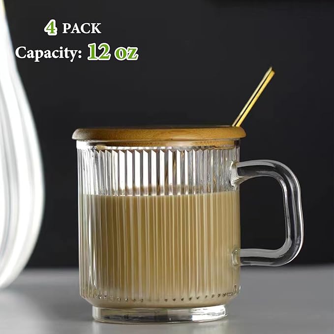 Mfacoy 4 PACK Glass Coffee Mugs with Handle & Spoon, 12 OZ Glass Coffee Cups with Bamboo Lid, Ribbed Glass Cups, Clear Tea Cup for Hot/Cold Beverages, Glassware Set for Americano, Latte, Cappuccino