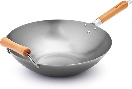 Sur La Table 14" Carbon-Steel Wok, Flat Bottom Pan for High-Heat Cooking – Ideal for Deep-Frying, Steaming, and Stir-Frying– Lightweight, Fast Heating