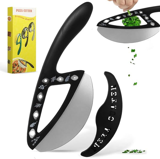 2-in-1 Pizza Cutter Rocker Blade with Herb Stripper Holes, Sharp Stainless Steel Pizza Knife with Protective Cover, Dishwasher Safe,Herb Stripping Tool for Basil,Rosemary