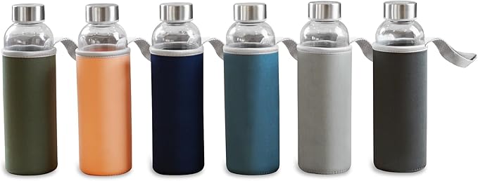 Epica glass bottles with lids – 18oz glass water bottles, reusable juice bottle with lids for storing juices, reusable water bottle durable & ecofriendly set of 6 with Sleeves