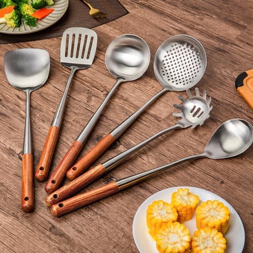 FJNATINH 304 Stainless Steel Kitchen Utensil Sets-6 PCS Wok Spatula Sets Cooking Utensil Tools Spatula, Soup Ladle, Skimmer, Slotted Spatulas Tunner, Spaghetti Spoon