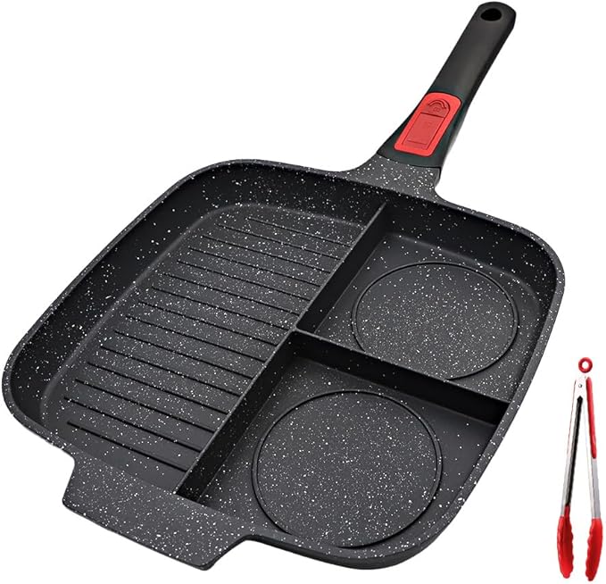 3 in 1 Grill Pan for Stove Tops with Detachable Handle, Nonstick Versatile Griddle Divided Pan, Square Skillet PFOA Free, Black