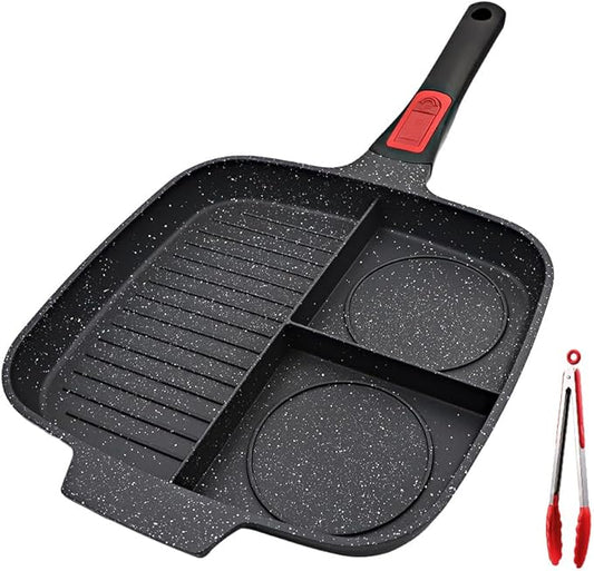 3 in 1 Grill Pan for Stove Tops with Detachable Handle, Nonstick Versatile Griddle Divided Pan, Square Skillet PFOA Free, Black
