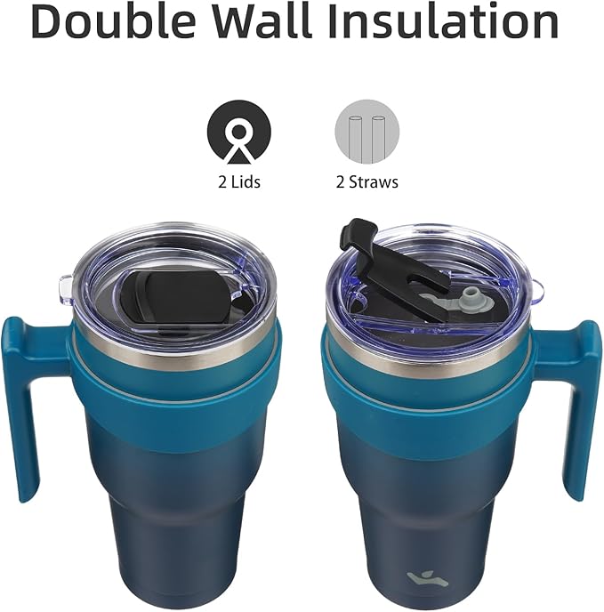 30 oz Tumbler with Handle and 2 Straw 2 Lid, Insulated Water Bottle Stainless Steel Vacuum Cup Reusable Travel Mug,Indigo Black