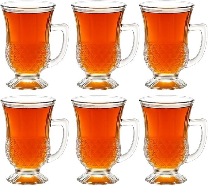 Footed Turkish Tea Glasses With Handle, Set of 12 Cups, Crystal Clear Tea and Latte Glasses, Slim Waist Design and Thick Sole Prevent the Drinks From Getting Cold, Dishwasher Safe, 5.5 oz