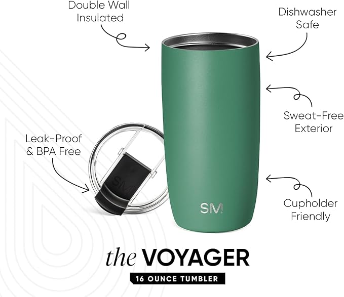 Simple Modern Voyager Tumbler with Flip Lid | Travel Coffee Mug | Insulated Stainless Steel Cold Brew Iced or Hot Coffee Cup | Gifts for Women Men Her Him | 16oz, Basil