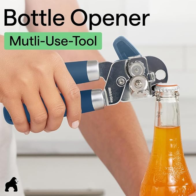 GORILLA GRIP Heavy Duty Stainless Steel Smooth Edge Manual Can Opener and Bottle Openers, Soft Comfortable Handle, Oversized Handheld Turn Knob, US Designed Multifunctional Kitchen Tool, Blue