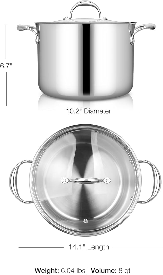 KEAWELL K3 Premium 8-Quart Tri-Ply Stainless Steel Stockpot with Lid, Induction & Oven Safe up to 600°F, Even Heating, Professional Cookware for All Stovetops (8-Qt)