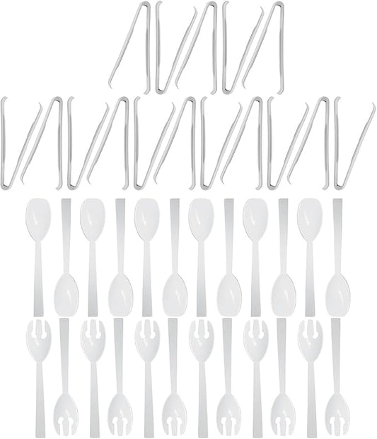 Party Essentials Plastic Party Buffet Serving Utensils Kit, Spoons/Forks/Tongs, 40-Piece, White