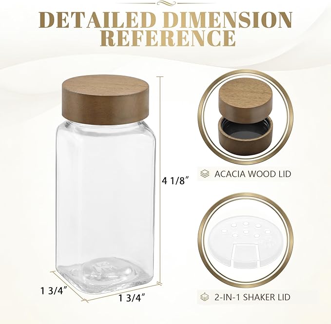 ZEHIQ 30Pcs Glass Spice Jars with Acacia Wood Lids, 4 oz Square Seasoning Containers with Labels, Seasoning Jars with Shaker Lids, Chalk Pen, Funnel, Cleaning Brush, Spice Bottles for Cabinet, Drawer