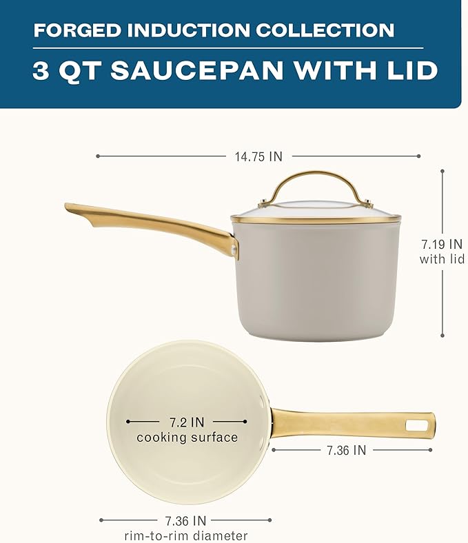 Farberware Forged Induction Ceramic Nonstick Sauce Pan/Soup Pot, Dishwasher Safe, Gold Color Stainless Steel Handle, 3 Quart - Taupe