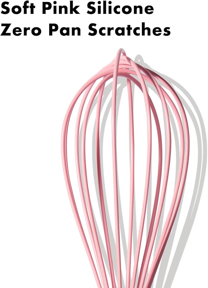 10-Inch Pink Silicone Whisk, Heat Resistant 480°F Kitchen Whisk with Stainless Steel Ergonomic Handle, Non-Scratch for Nonstick Cookware, Dishwasher Safe, Perfect for Blending, Cooking & Beating