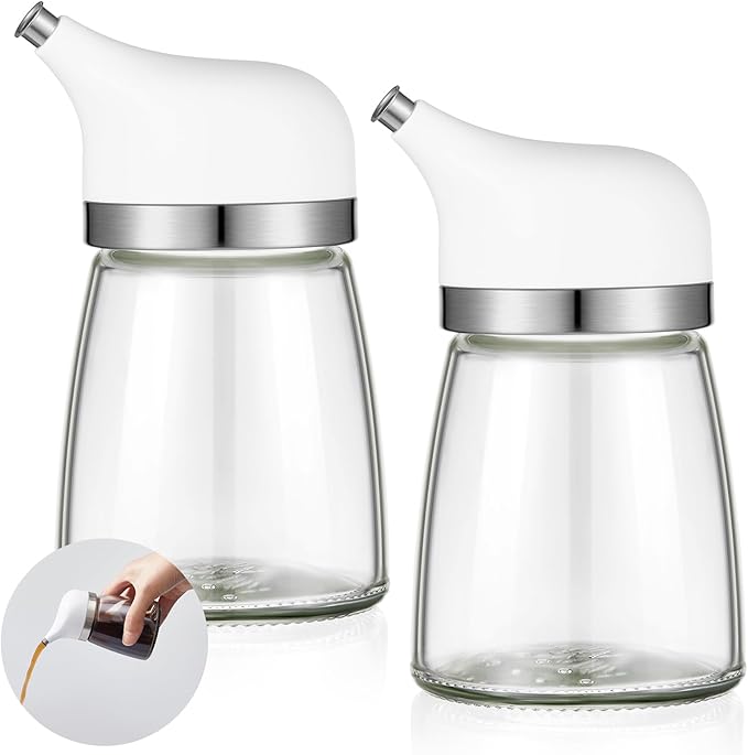 2 Pcs Cruet Dispenser Set 5 oz, White Glass Soy Sauce Dispenser, Small Olive Oil and Vinegar Bottles, Soy Sauce Bottle, Non Drip Spout Cruet Bottle Container for Kitchen Cooking
