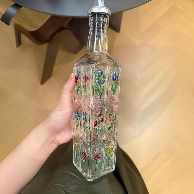 Glass Olive Oil Bottle Dispenser with Stainless Steel Nozzle Plug, 500ml Flowers Bouquet Embossed Square Oil and Vinegar Cruet, Decorative Oil Dispensers Carafe Decanter for Kitchen, 16.9 oz(Colorful)
