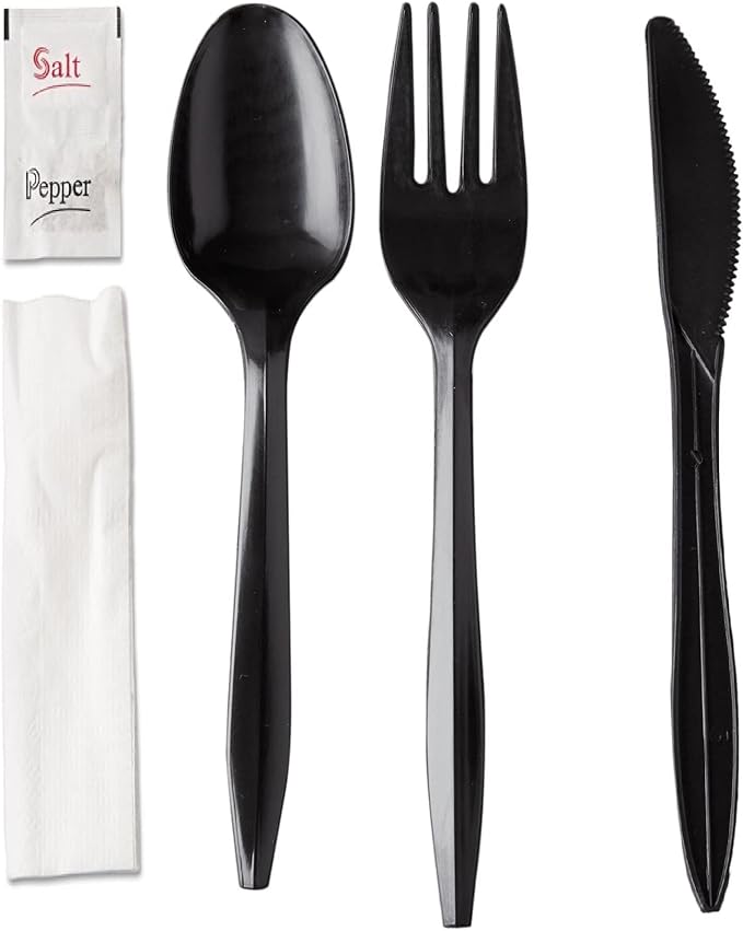 250 Plastic Cutlery Packets - Knife Fork Spoon Napkin Salt Pepper Sets | Black Silverware Sets Individually Wrapped Cutlery Kits, Bulk Plastic Utensil Cutlery Set Disposable To Go Silverware