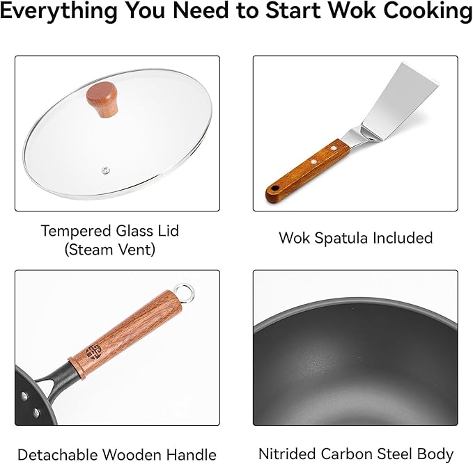 WANGYUANJI Carbon Steel Wok Pan - 10 Inch Nitrided Rust Resistant Stir Fry Pan, Flat Bottom Deep Iron Skillet with Lid, Lightweight Induction Cookware for 1-2 People, No Chemical Coating (26cm)