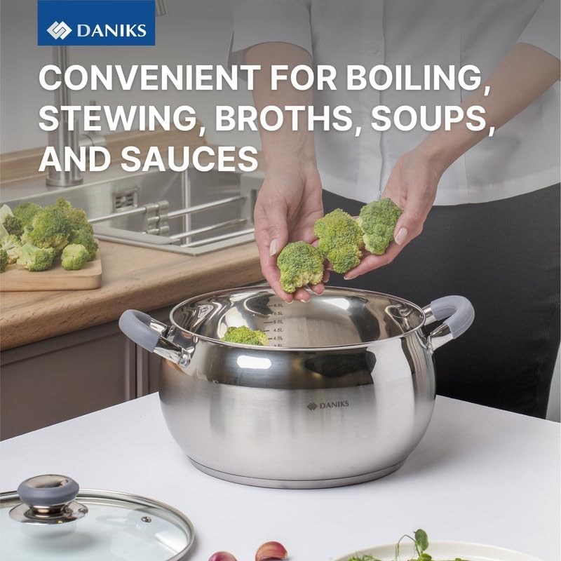 Daniks Modern 7 Quart Stainless Steel Stock Pot with Glass Lid, Tri-Ply Bottom for Even Heating, Induction Compatible, Dishwasher Safe, Heatproof Handles