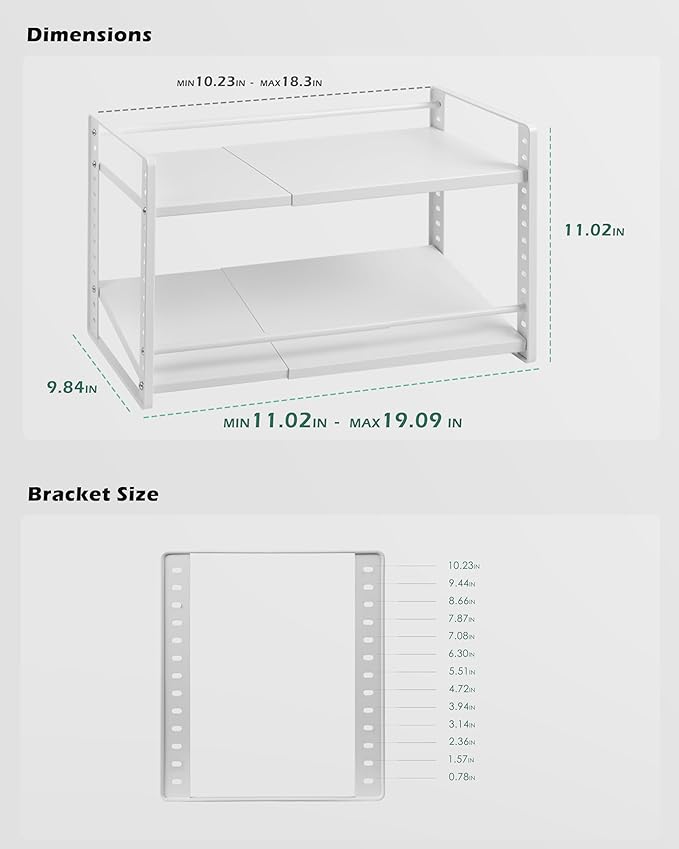Expandable Adjustable 2-Tier Cabinet Shelf Organizer, White Metal Kitchen Pantry Countertop Storage Rack, Height Adjustable