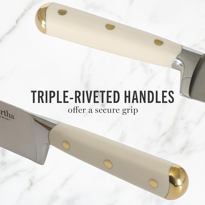 Martha Stewart 16 Piece Lockton High Carbon Stainless Steel Cutlery Kitchen Knife Block Set W/ABS Triple Riveted Forged Handle Acacia Wood Block - Linen White W/Gold