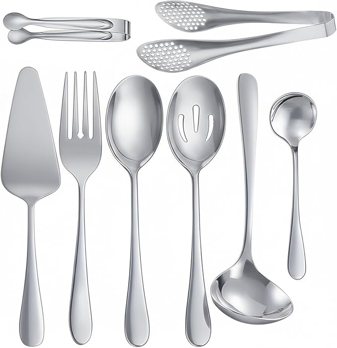 8 PCS Stainless Steel Serving Utensils, Ice Suger Tongs, Large Serving Spoons Slotted Spoons, Cake Server, Forks, Soup Ladle, Metal Utensils Set Tool for Buffet Catering Banquet Party(Silver)
