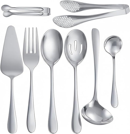 8 PCS Stainless Steel Serving Utensils, Ice Suger Tongs, Large Serving Spoons Slotted Spoons, Cake Server, Forks, Soup Ladle, Metal Utensils Set Tool for Buffet Catering Banquet Party(Silver)