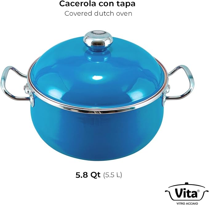 VITA 6-Quart Dutch Oven (Blue) with Lid for All Stove Tops (Enamel on Steel) Dishwasher & Oven Safe up to 500 ℉ - Quick & Even Heat Distribution - Enameled Interior is Non-Reactive & Easy to Clean